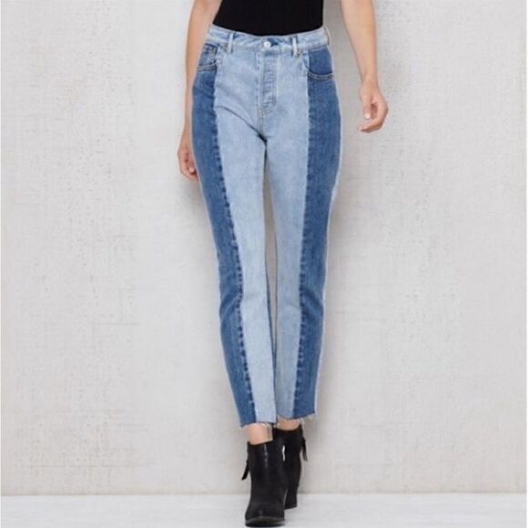 Pacsun two tone Mom Jeans. Sz 25. High rise. Button fly. Raw edge hem. Straight - Picture 1 of 14